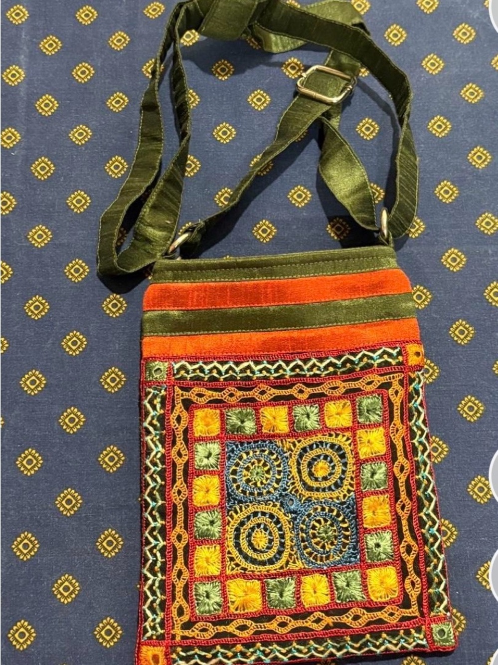 Handcrafted Embroidered Crossbody Bag in Olive & Orange